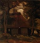 Vincent van Gogh Cottage and Peasant Woman under the Trees painting